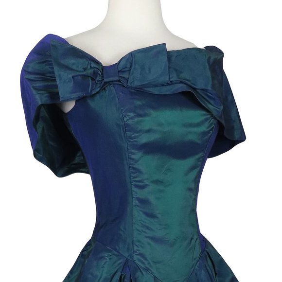Vintage 80s 90s Dark Blue Green Taffeta Full Skirt Bow Prom Party Dress S Small - Picture 8 of 10